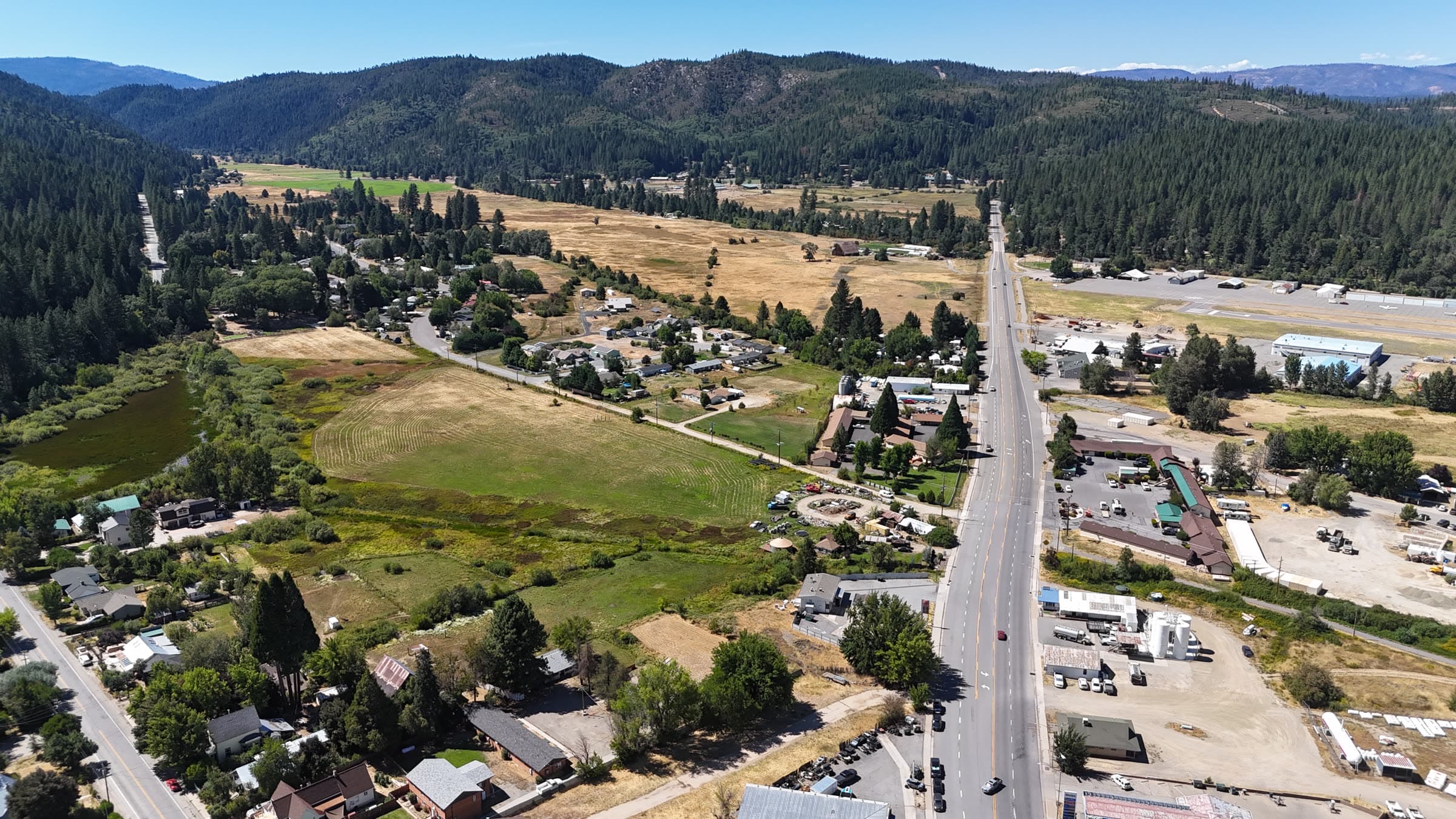 Drone view of a rural valley corridor and arterial roadway used for mobility planning analysis
